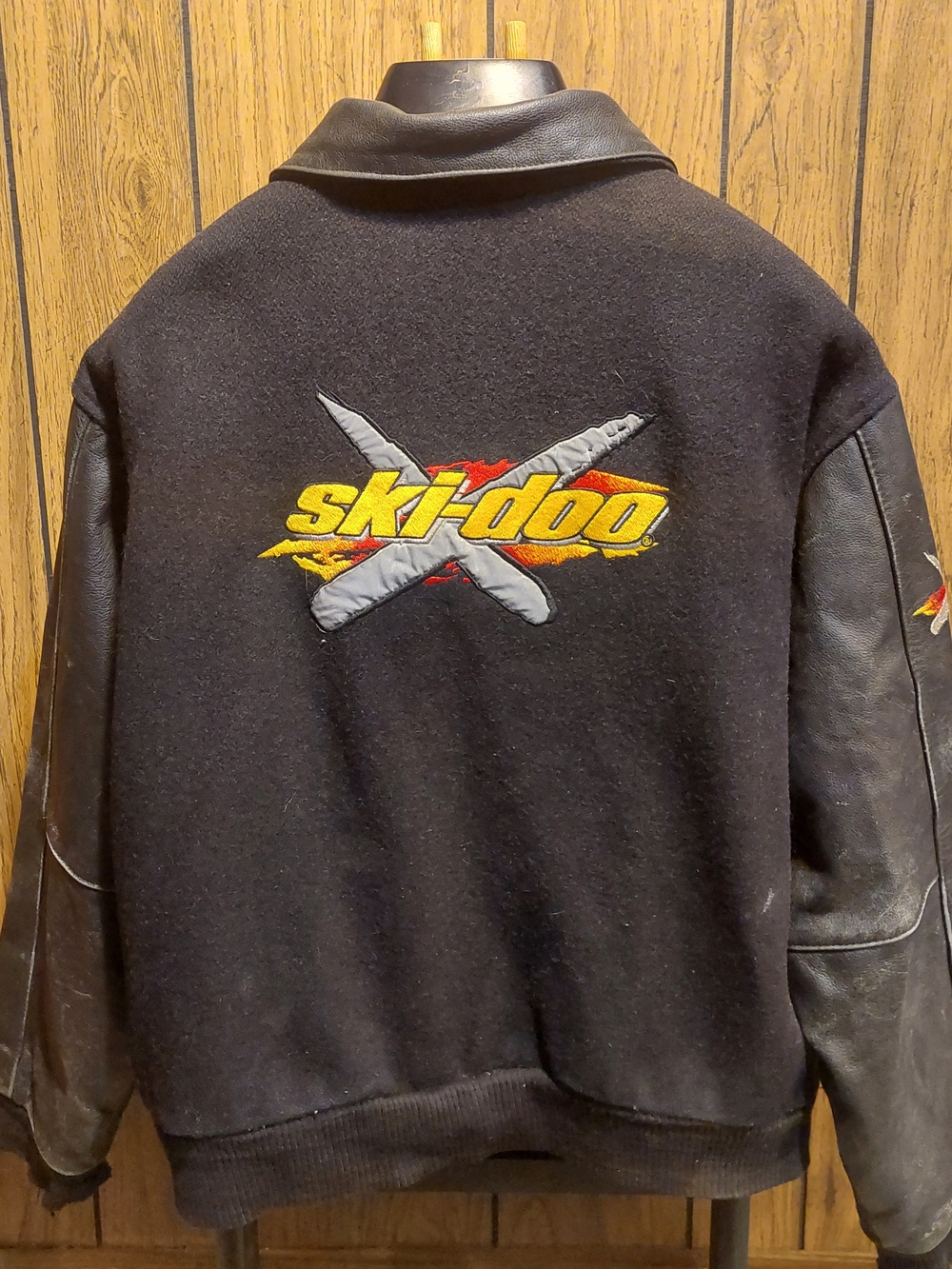 Ski-Doo Black Wool & Leather Jacket  Vintage 90s Large Bombardier Snogear